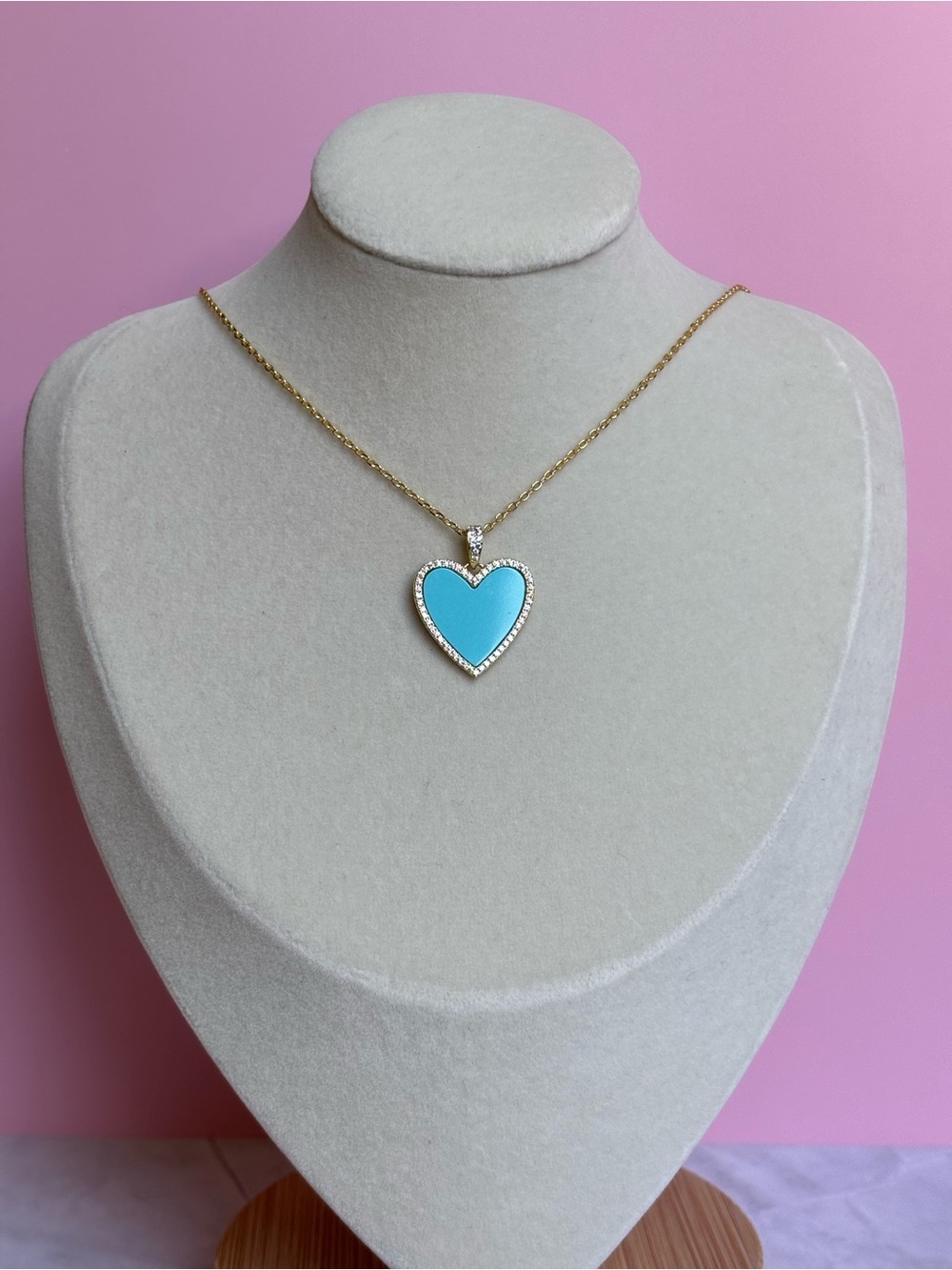 Gold Heart Pendant Necklace with Turquoise Enamel and Crystal Border